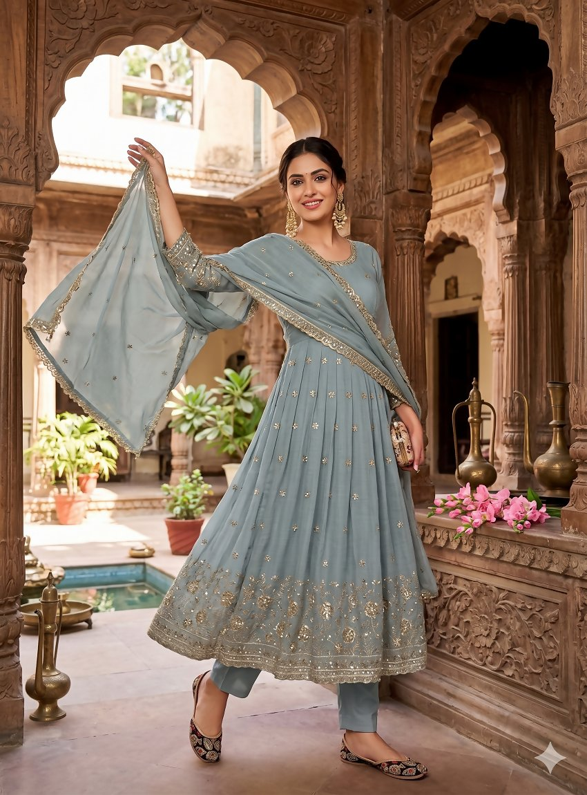 Teeya Creation Elegant Grey Embroidered Anarkali Kurta Set With Mirror Work Dupatta