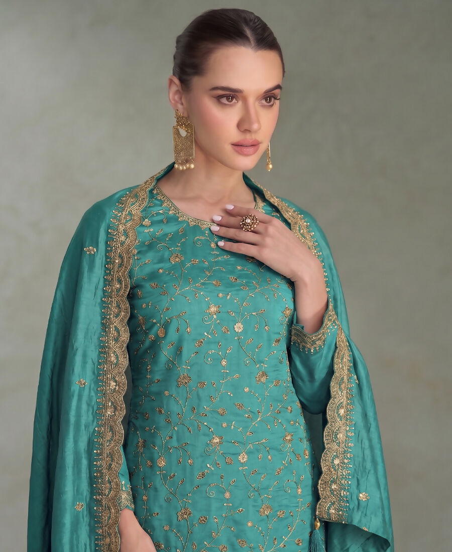 KC Sky Blue Silk Straight Suit For Women Heavy Embroidery Work