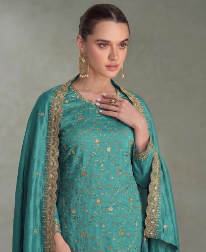 KC Sky Blue Silk Straight Suit For Women Heavy Embroidery Work