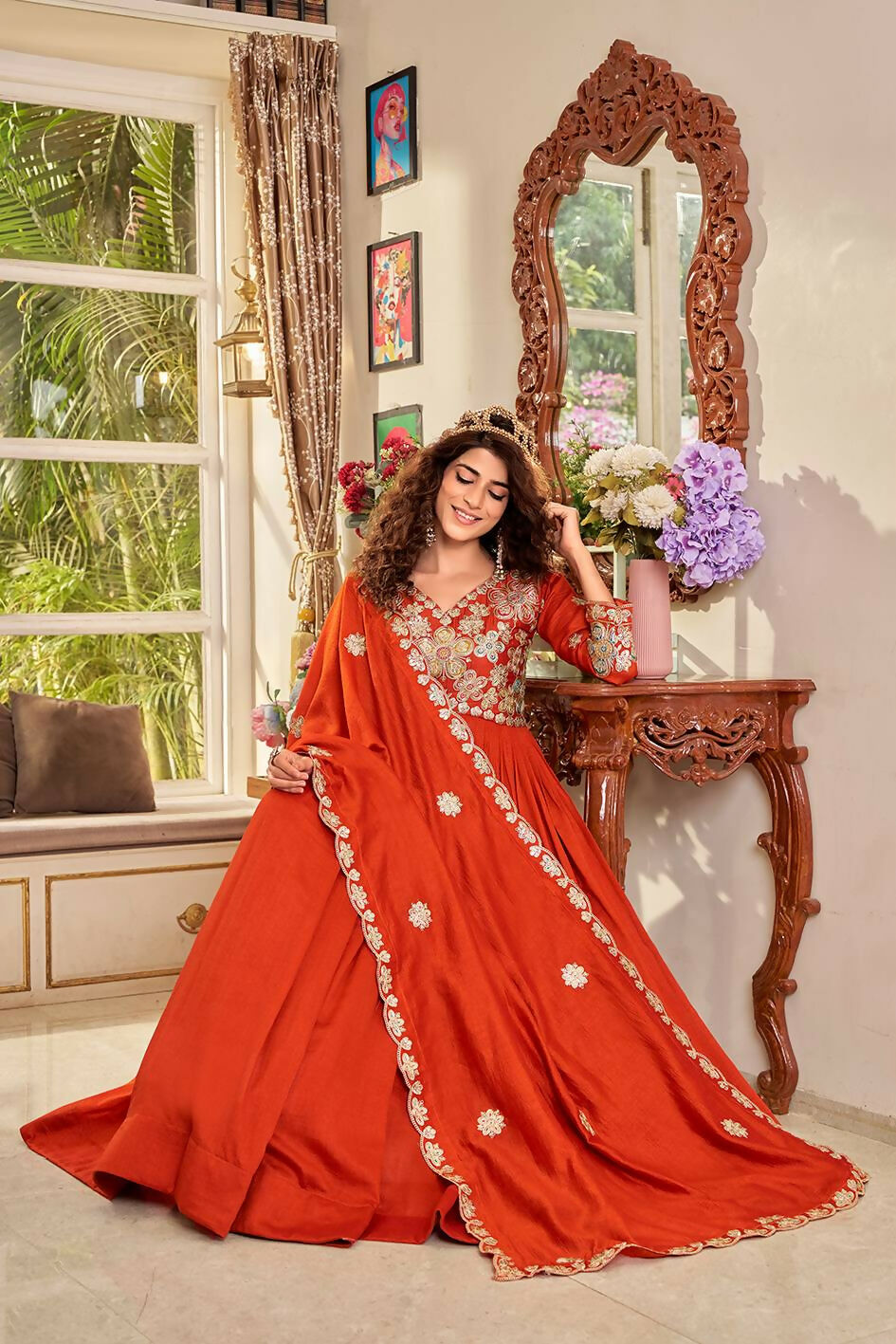 Teeya Creation Womens Casual Party Wear Heavy 5mm Sequence Embroidery Work Orange Gown Set