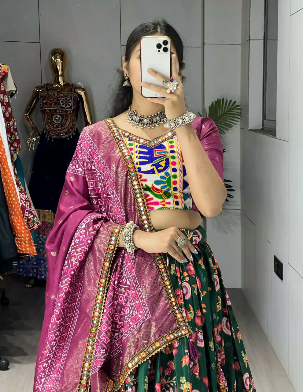 Yash Enterprise Green Silk Embroidery Semi Stitched Navratri Chaniya Choli