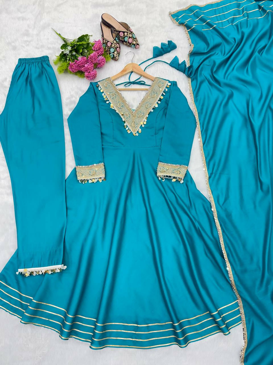 Teeya Creation New Womens Trendy Stylish Teal Blue Embroidered Silk Blend Anarkali Kurta With Pants & Dupatta Set