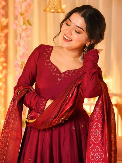 The52 Women's Beautiful Printed Work Viscose Fabric Flared Anarkali Palazzo and Dupatta Set-Maroon