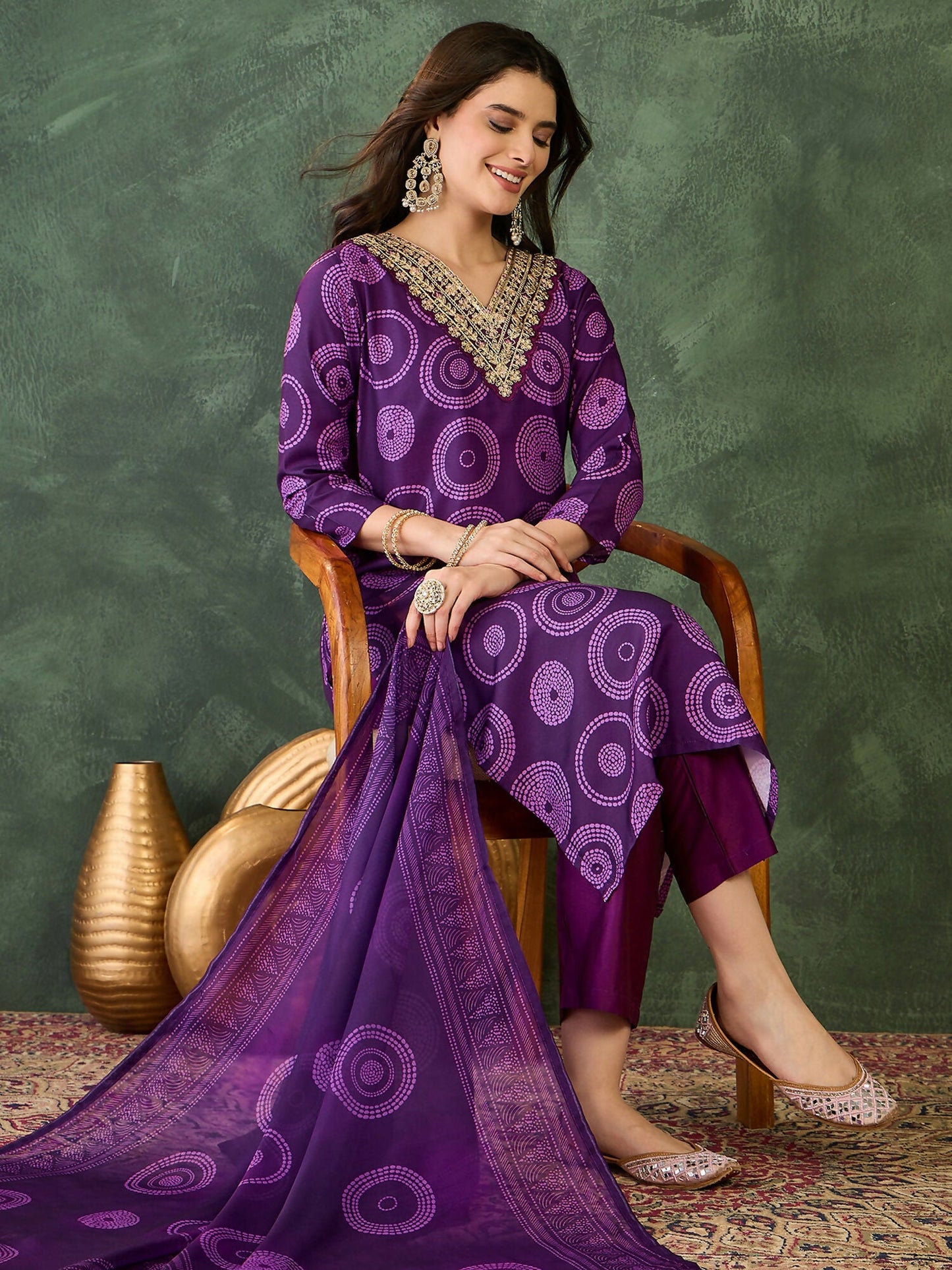 The52 Women's Gorgeous Rayon Embroidery Straight Kurta with Pant And Dupatta Set-Purple