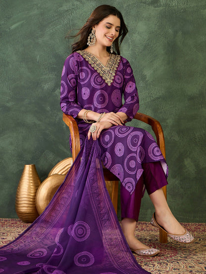 The52 Women's Gorgeous Rayon Embroidery Straight Kurta with Pant And Dupatta Set-Purple