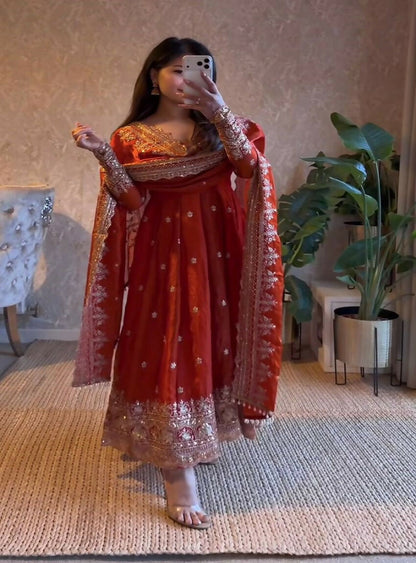 Teeya Creation Vibrant Orange Heavy Border Gher Anarkali Suit For Women