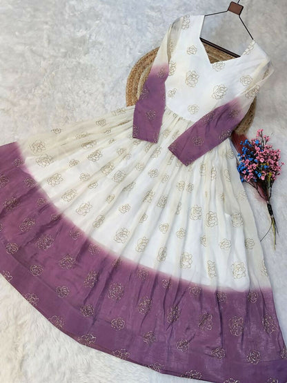 Teeya Creation Lavendar and White Gradient Anarkali Gown with Gold Floral Motifs