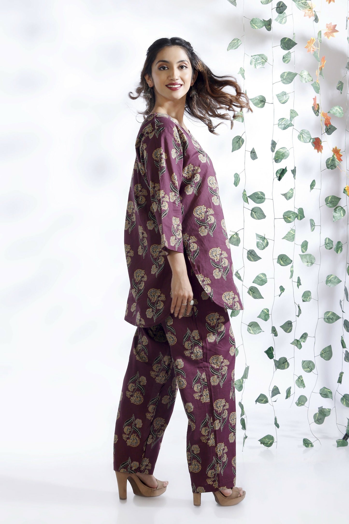 Breathables Wine Butta Cotton Co-Ord Set  Kurta With Straight Pants