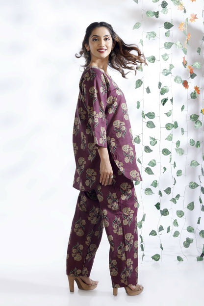 Breathables Wine Butta Cotton Co-Ord Set  Kurta With Straight Pants