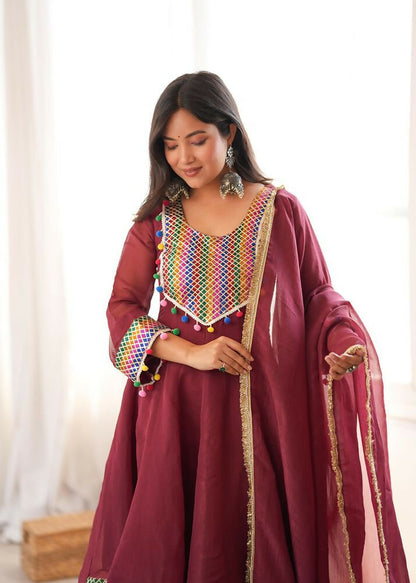 Teeya Creation New Women's Maroon Designer Peplum Kurti with Dhoti Salwar and Multicolor Embroidered Border
