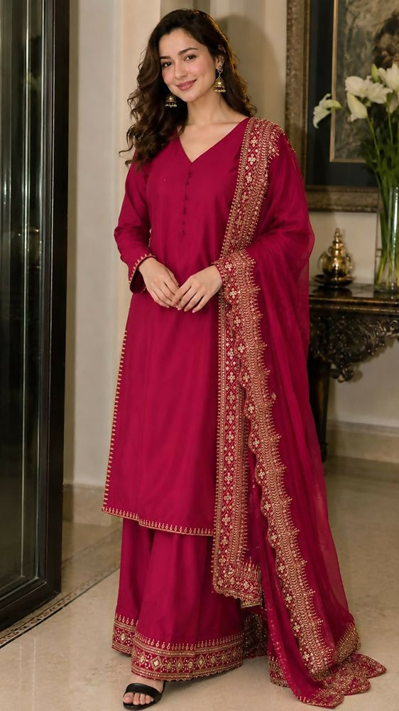 Teeya Creation New Latest Stylish Classic Rani Pink Festive Kurta Set with Gold Zari Border Palazzo and Dupatta