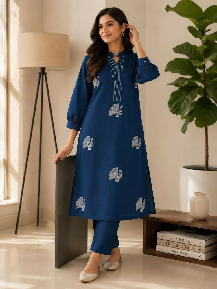 Teeya Creation Women Blue Cotton Printed Kurta with Trousers Co-ord Set