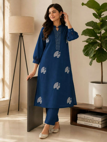 Teeya Creation Women Blue Cotton Printed Kurta with Trousers Co-ord Set
