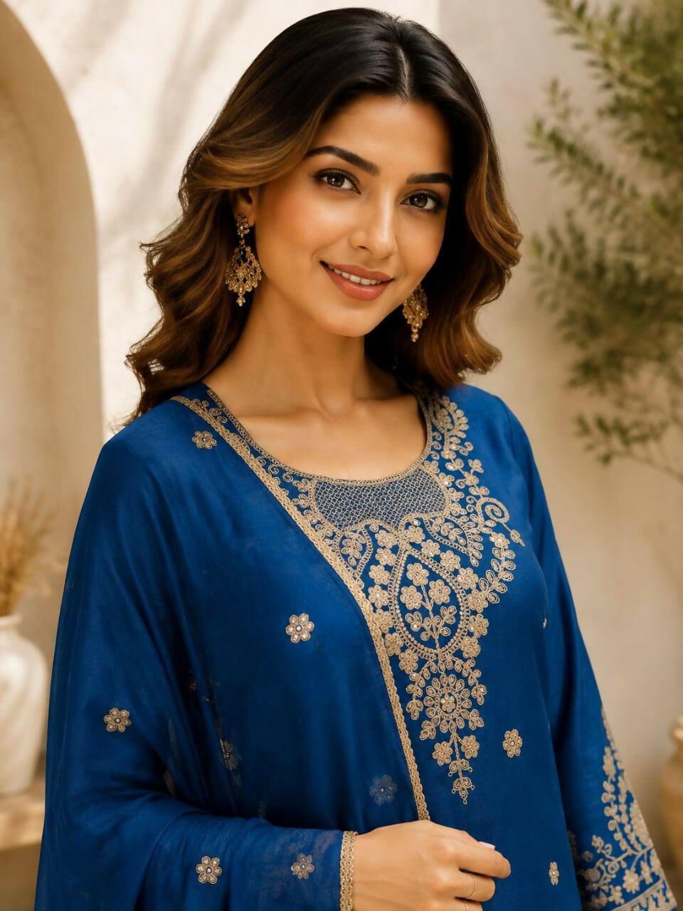 Teeya Creation Blue Embroidered Silk Palazzo Suit With Dupatta