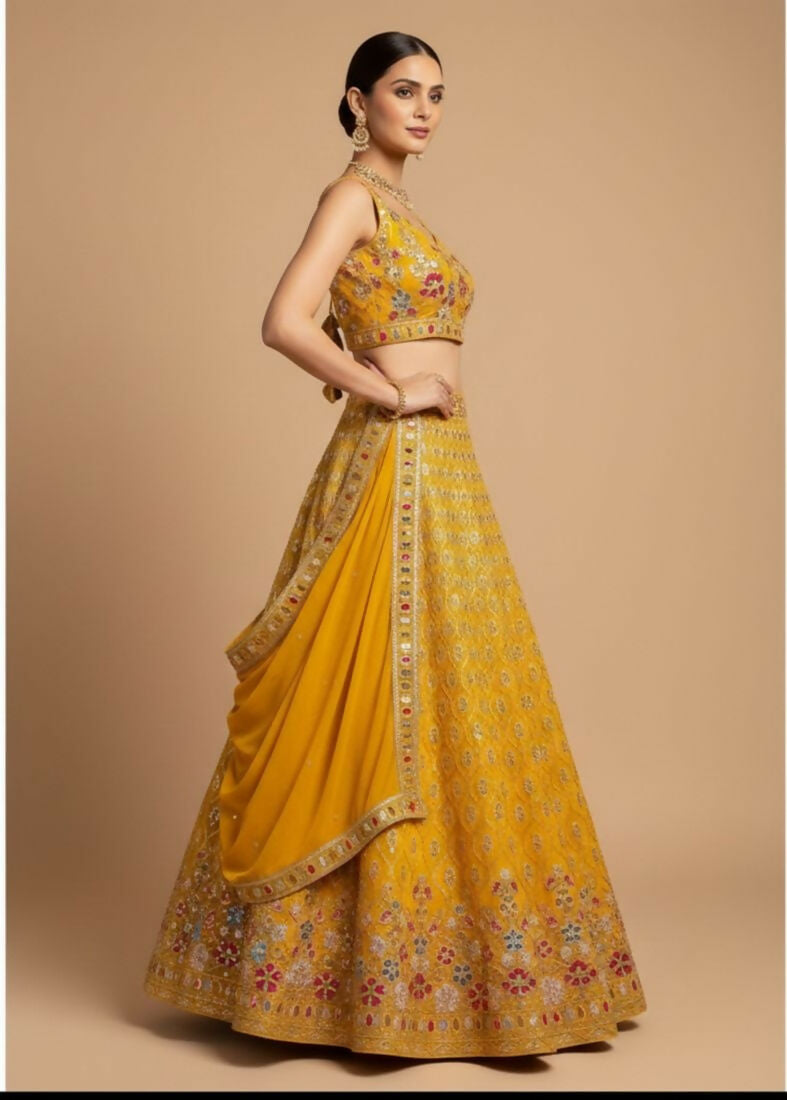 Lehenga Mart Yellow Faux Georgette Designer Bollywood Style Wedding Wear Lehenga Choli