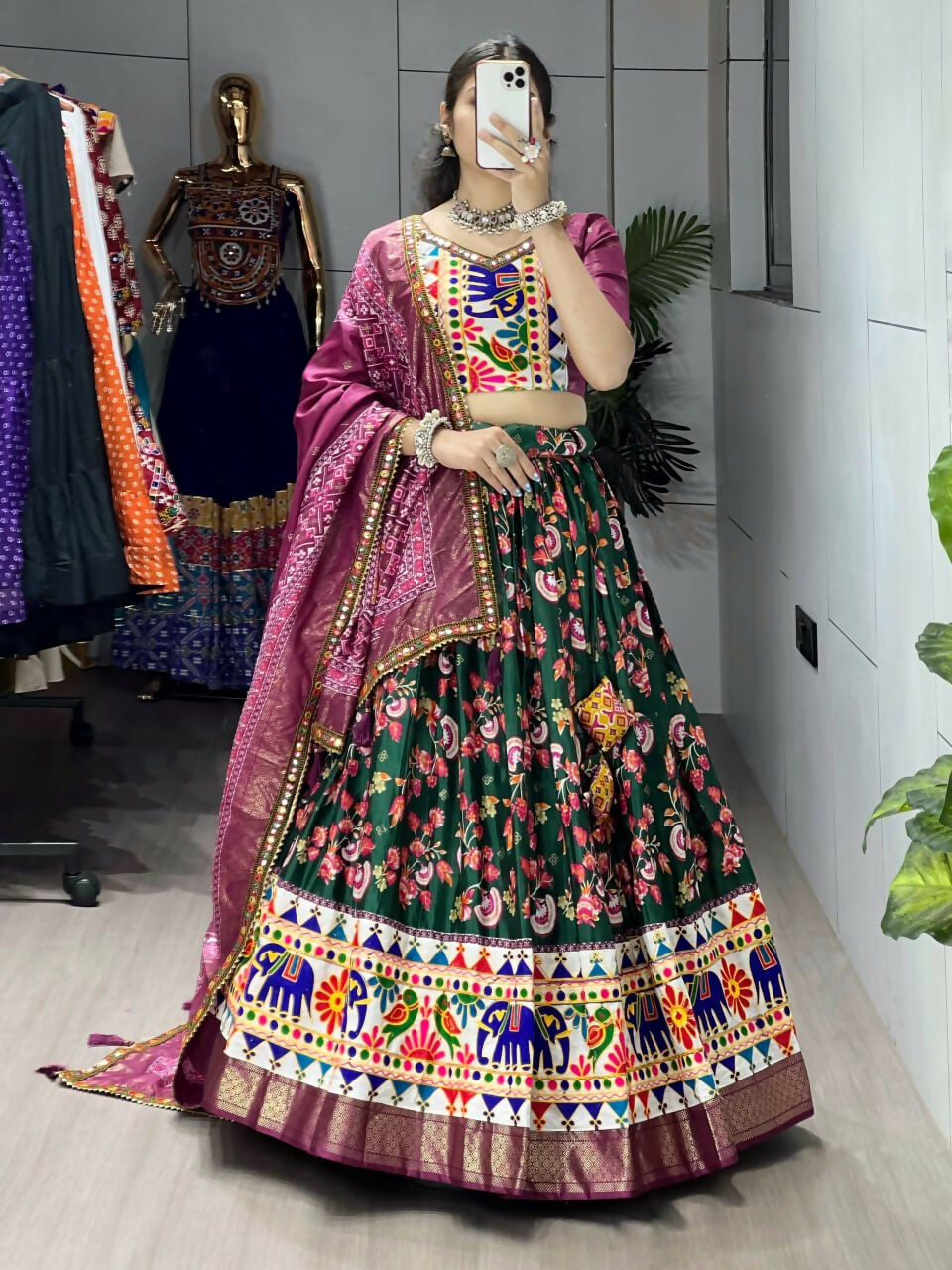 Yash Enterprise Green Silk Embroidery Semi Stitched Navratri Chaniya Choli