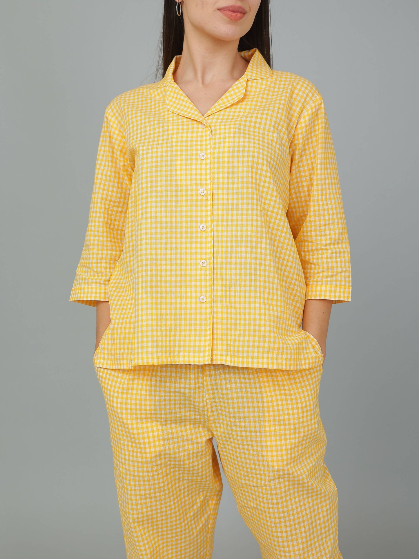 Breathables Women Cotton Checks Night Suit Shirt And Pants Co-Ord Set I Night Wear-Yellow