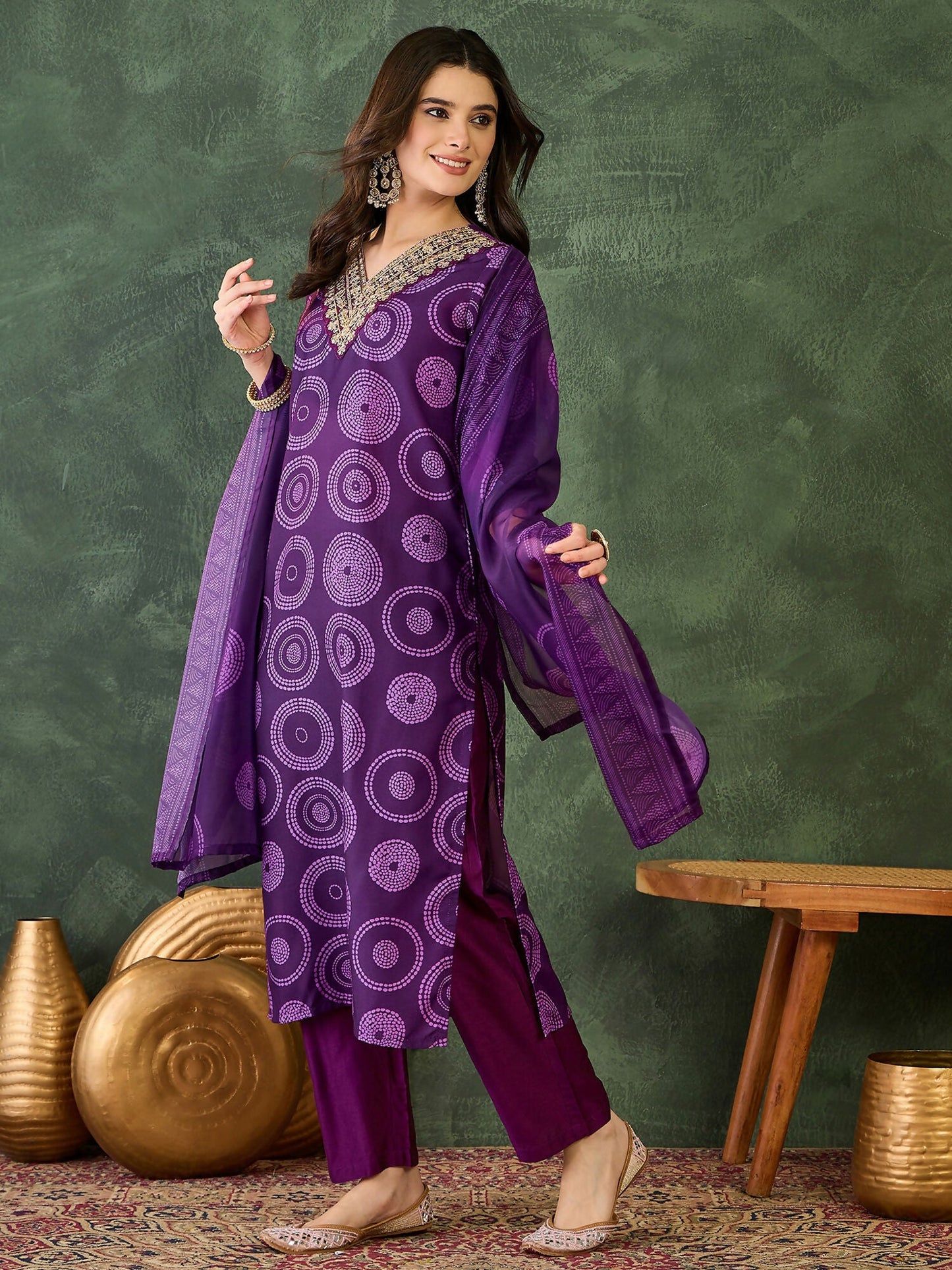 The52 Women's Gorgeous Rayon Embroidery Straight Kurta with Pant And Dupatta Set-Purple