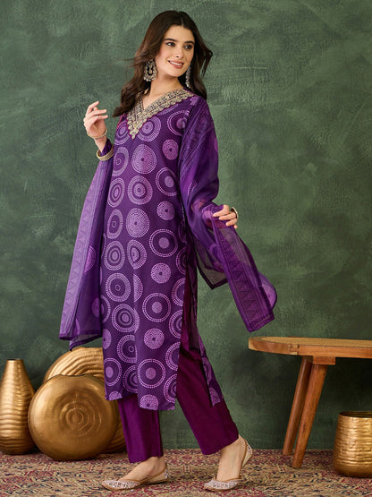 The52 Women's Gorgeous Rayon Embroidery Straight Kurta with Pant And Dupatta Set-Purple