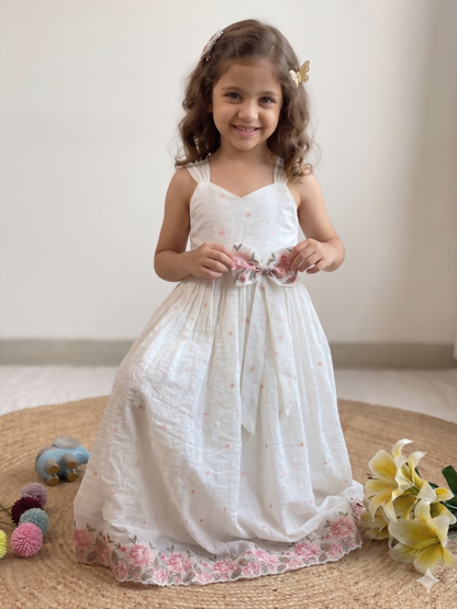 Teeya Creation New Latest Girls Sage Green Crinkled Silk Festive Gown with Handcrafted Bow and Lotus Cutwork Border