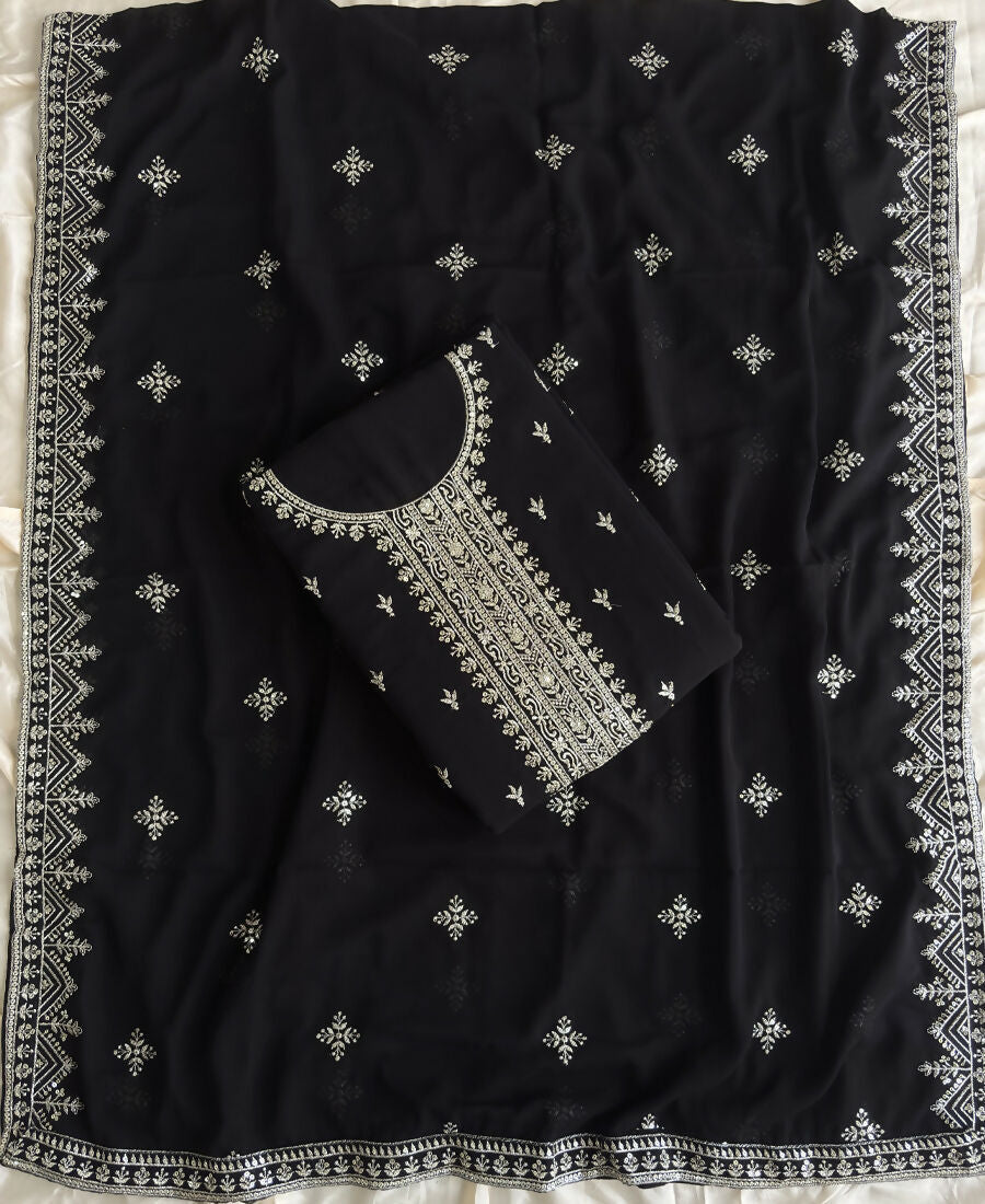 KC Black Georgette Straight Suit With Heavy Embroidery