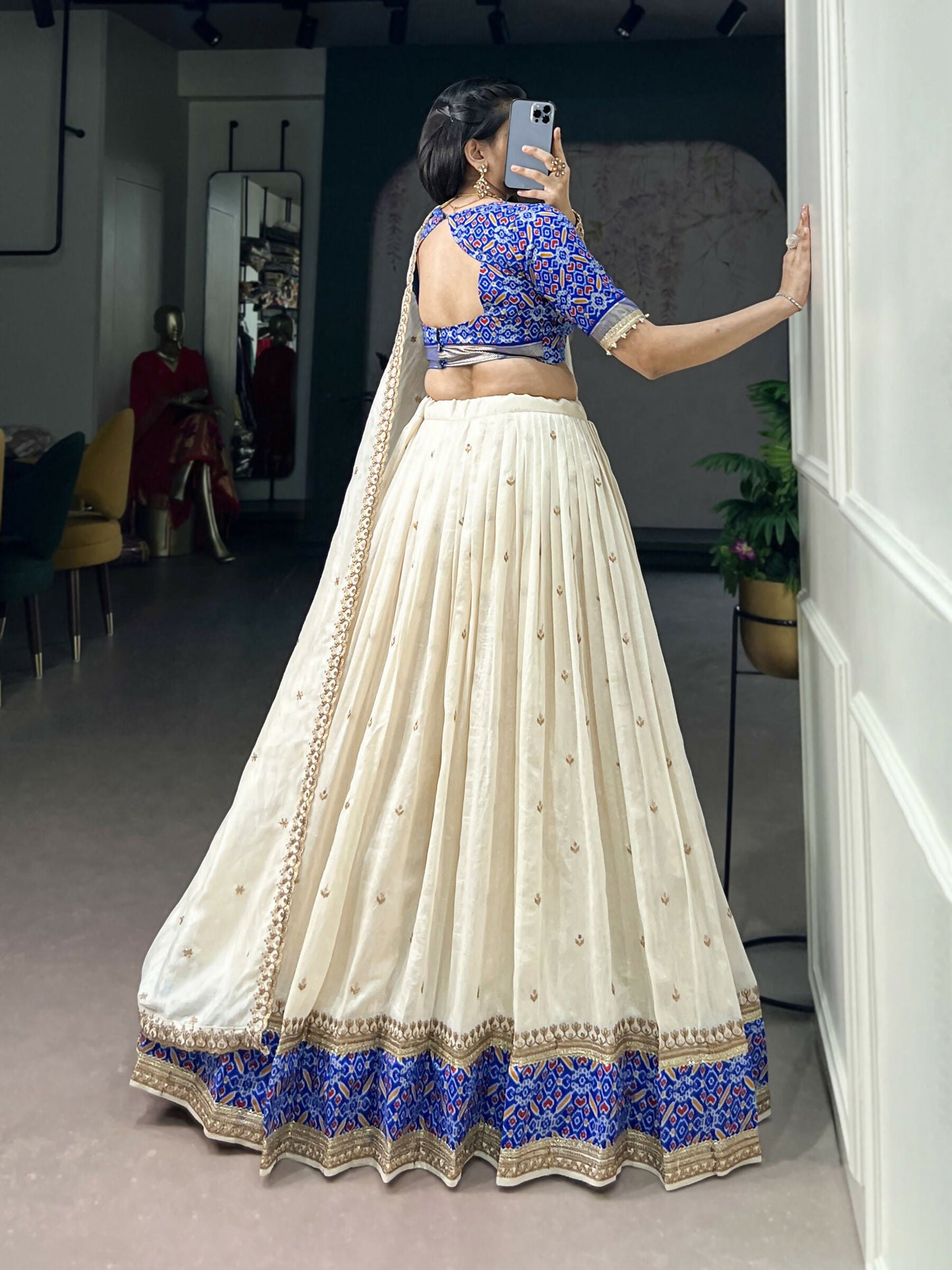 Lorenvalley Fashion White Vichitra Silk Sequins and Thread Embroidery Work Lehenga Choli with Dupatta