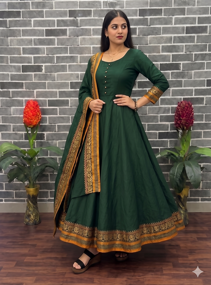 Teeya Creation New Trendy Stylish Green Solid Anarkali Kurta with Traditional Golden Border Dupatta Set