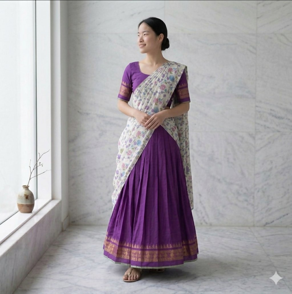 Teeya Creation Womens New Trendy Purple Traditional Pleated Lehenga Choli Set with Floral Printed Dupatta and Contrast Zari Border Set