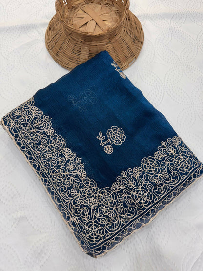 Teeya Creation New Trendy Party Wear Soft Satin Chiffon Saree-Blue