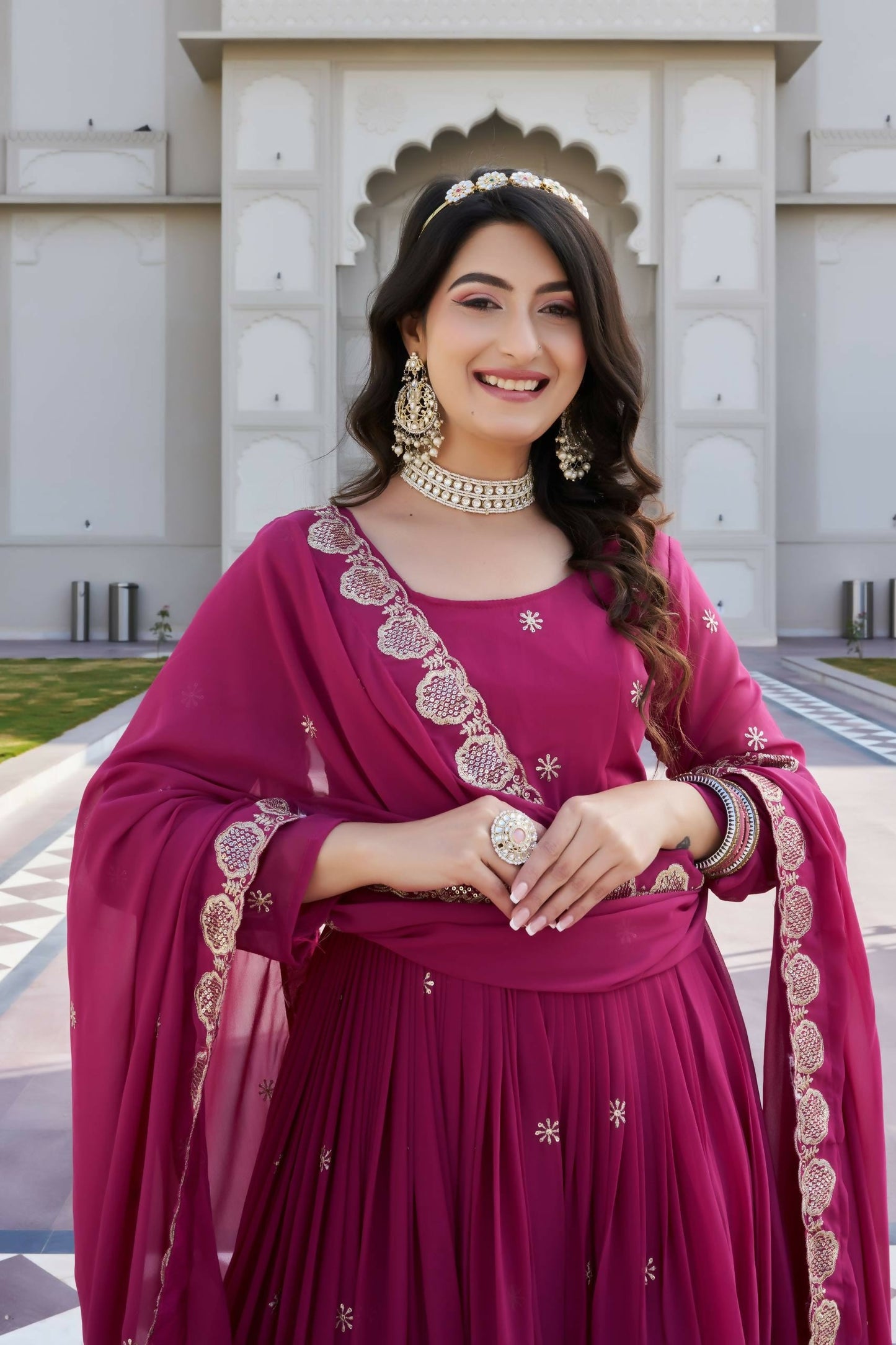 Teeya Creation Womens Wedding Wear Heavy Sequence Embroidery Work Pink Gown Set