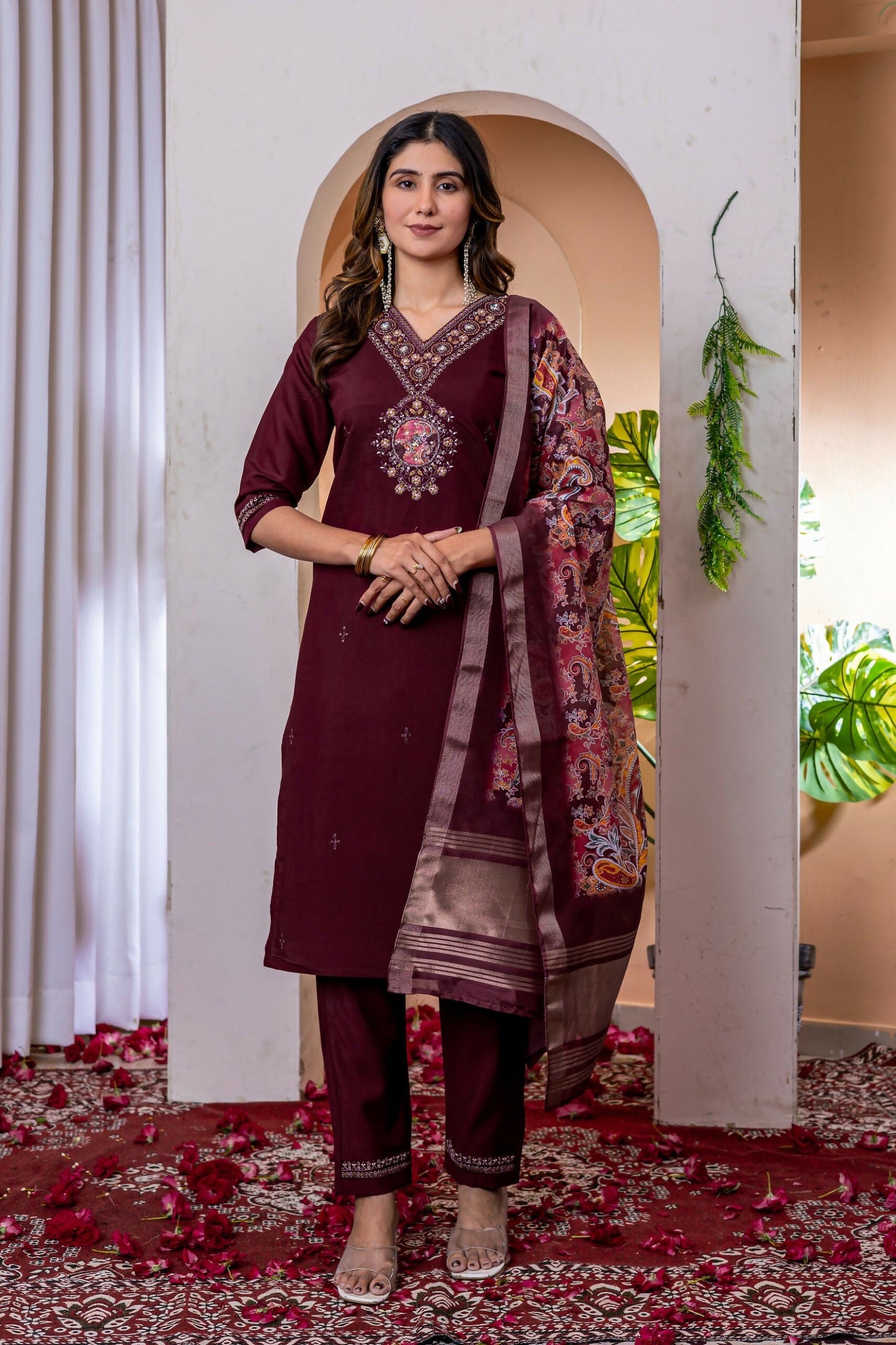 Teeya Creation Womens Wine Embroidered Kurta Pant Set
