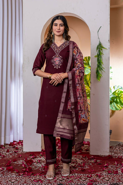Teeya Creation Womens Wine Embroidered Kurta Pant Set