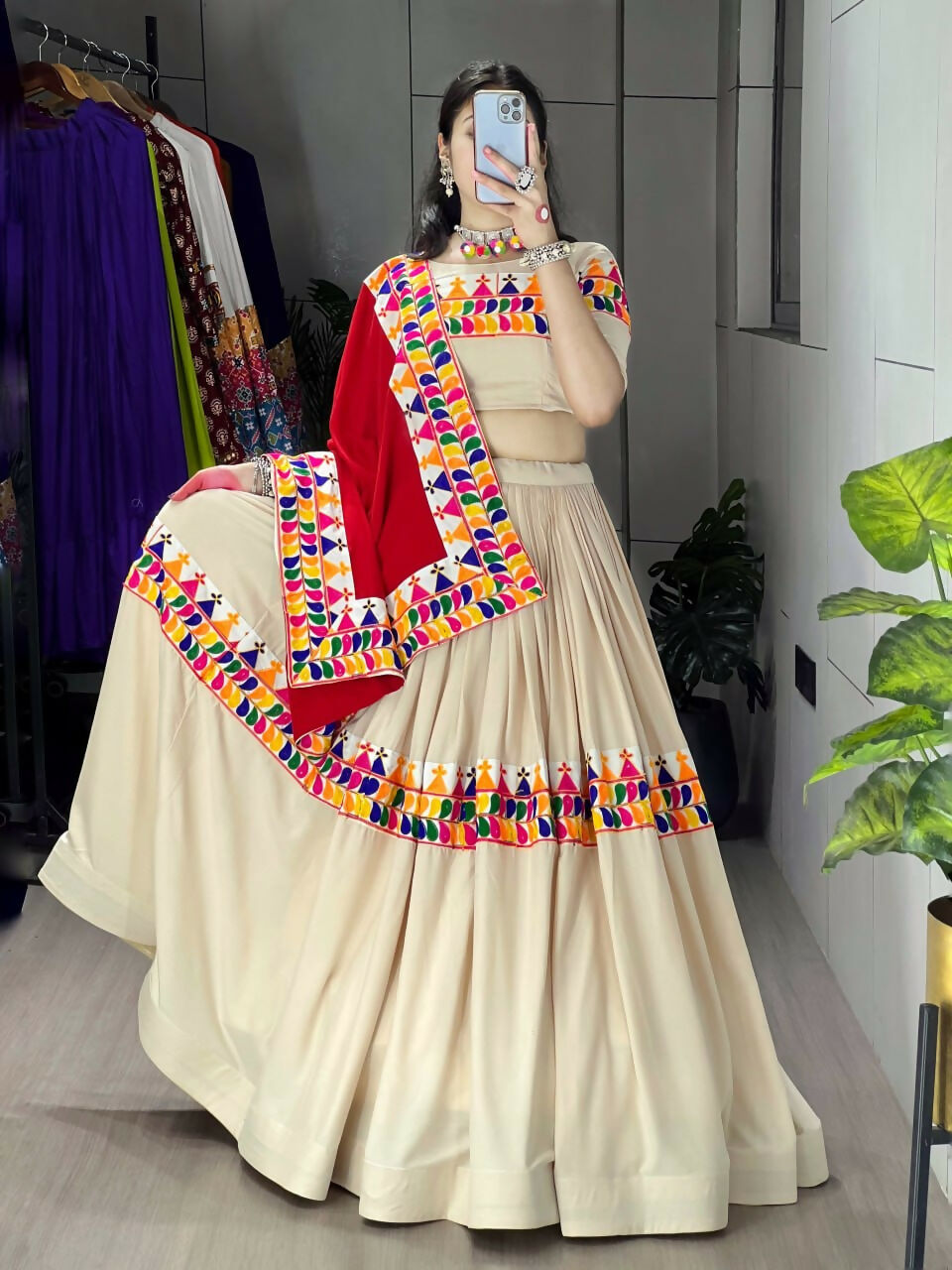 Yash Enterprise Cream Rayon Cotton Embroidery Semi Stitched Navratri Top Chaniya Choli