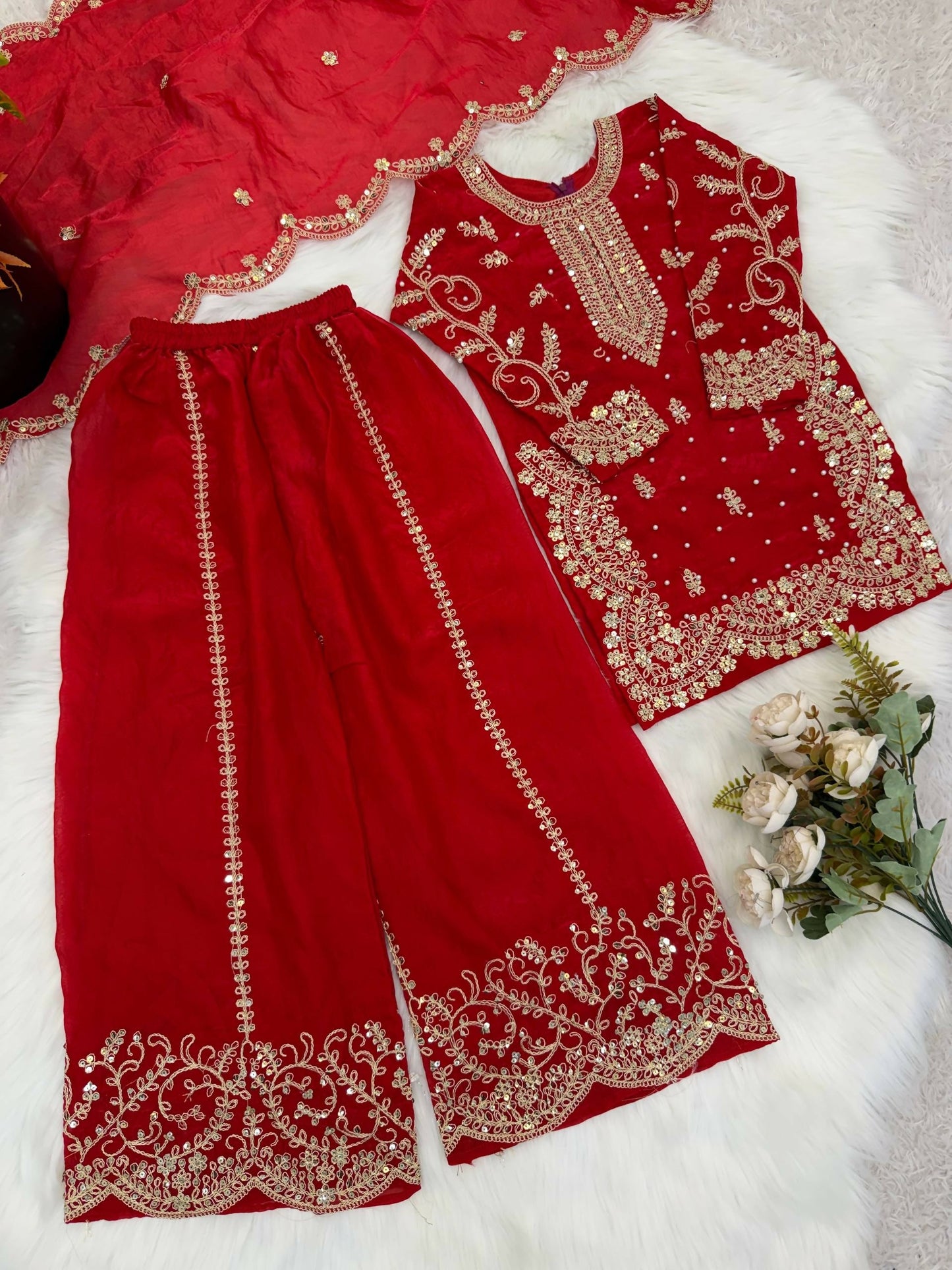 Teeya Creation New Trendy Fully Stitched Ready to Wear Kids Kurta Palazzo Set-Red