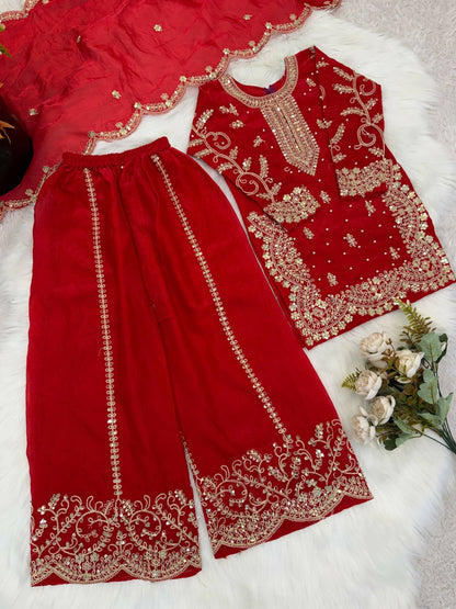 Teeya Creation New Trendy Fully Stitched Ready to Wear Kids Kurta Palazzo Set-Red
