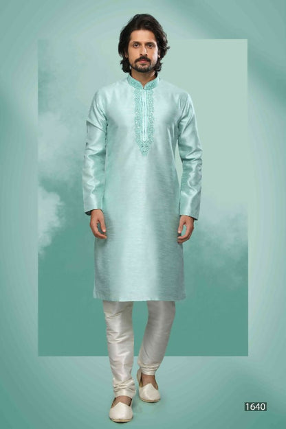 Raivat Ethnic Art Silk Mirror Embroidery Work Kurta Pajama In Pista Green Colour