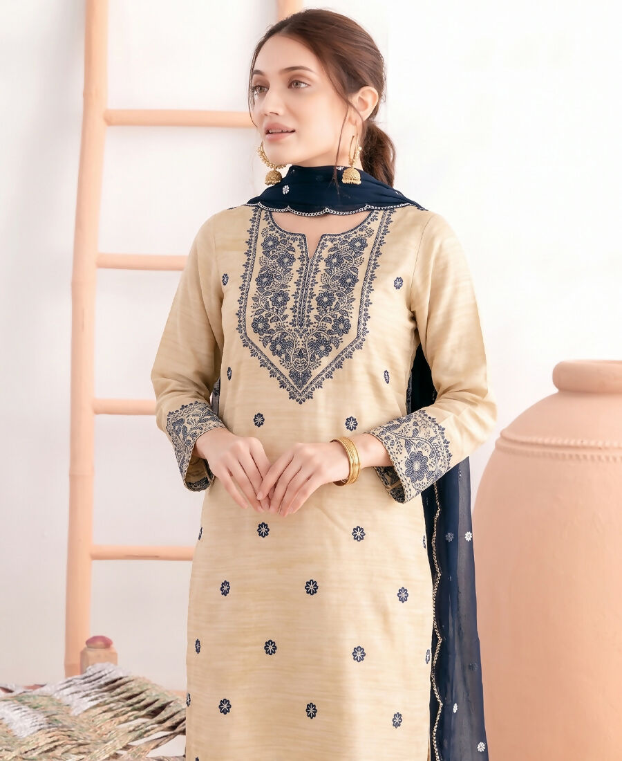 KC Khadi Cotton White Suit With Blue Dupatta 3 Piece Pair For Women
