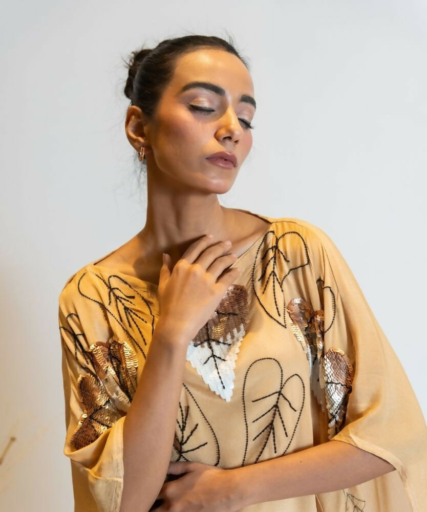 Timaraa Camel Beige To Ivory Ombre Embellished Kaftan Dress