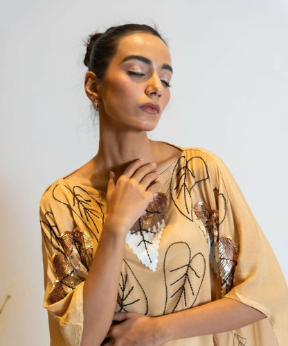 Timaraa Camel Beige To Ivory Ombre Embellished Kaftan Dress