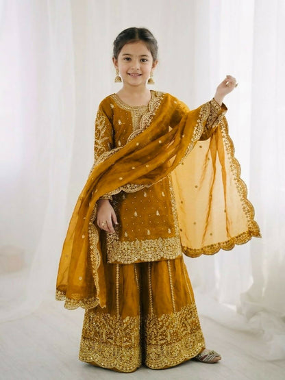 Teeya Creation New Trendy Fully Stitched Ready to Wear Kids Kurta Palazzo Set-Yellow