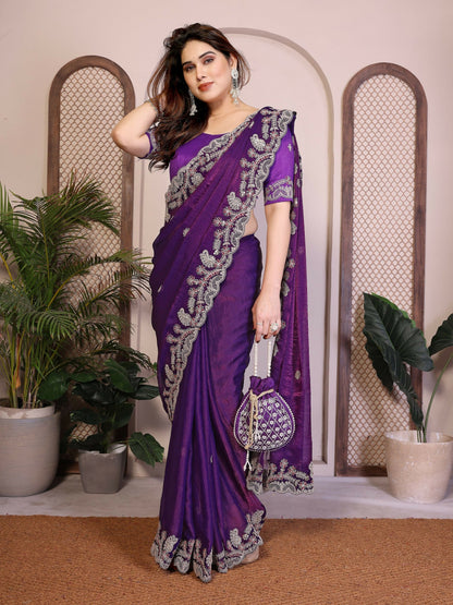 Teeya Creation New Womens Latest Party Wear Soft Chiffon Silk Saree-Purple