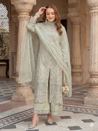 Teeya Creation Womens New Net With Heavy Embroiedery With Sequence Work Green Kurta Set