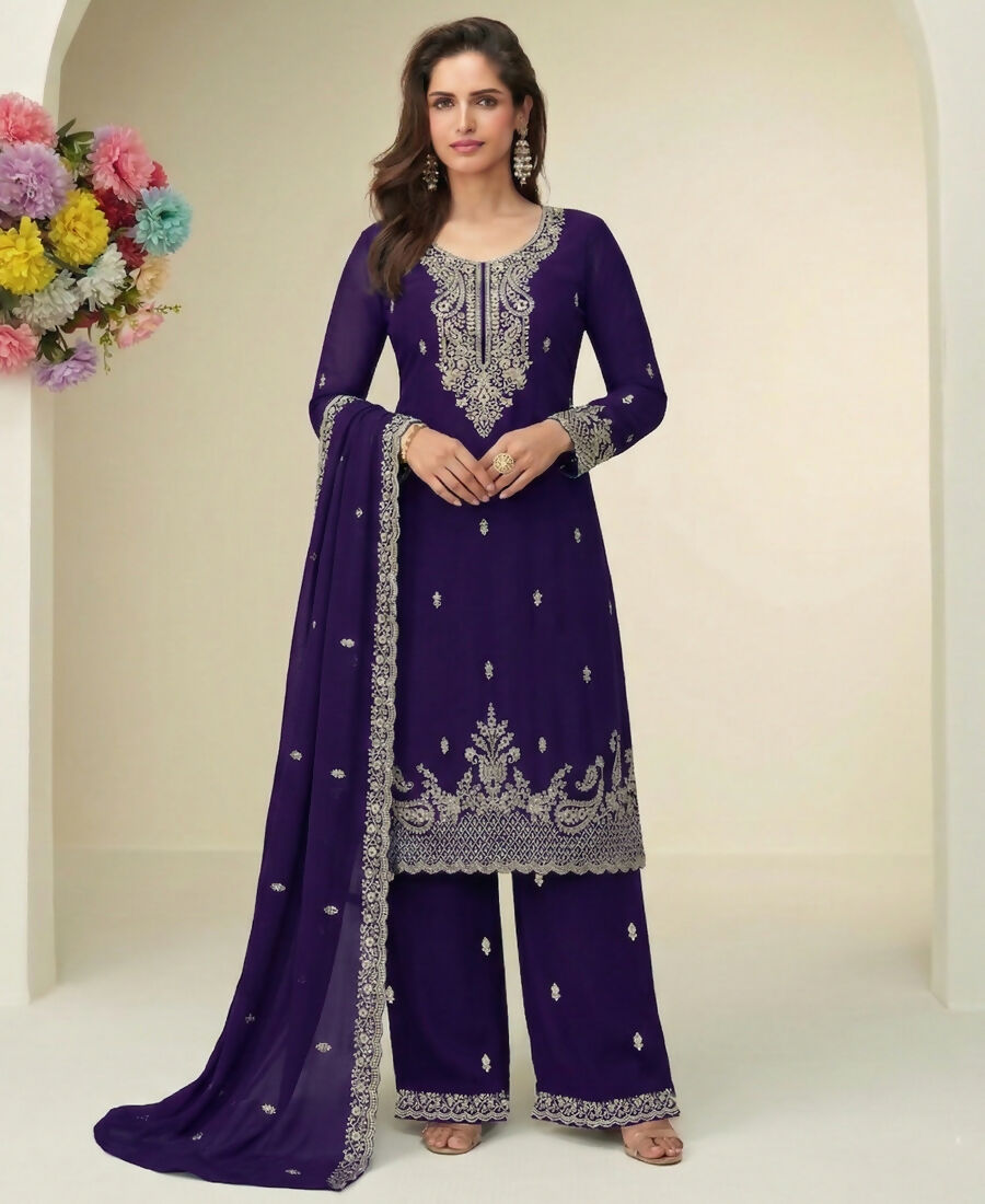 KC Purple Georgette Heavy Embroidered Fancy Suit For Women