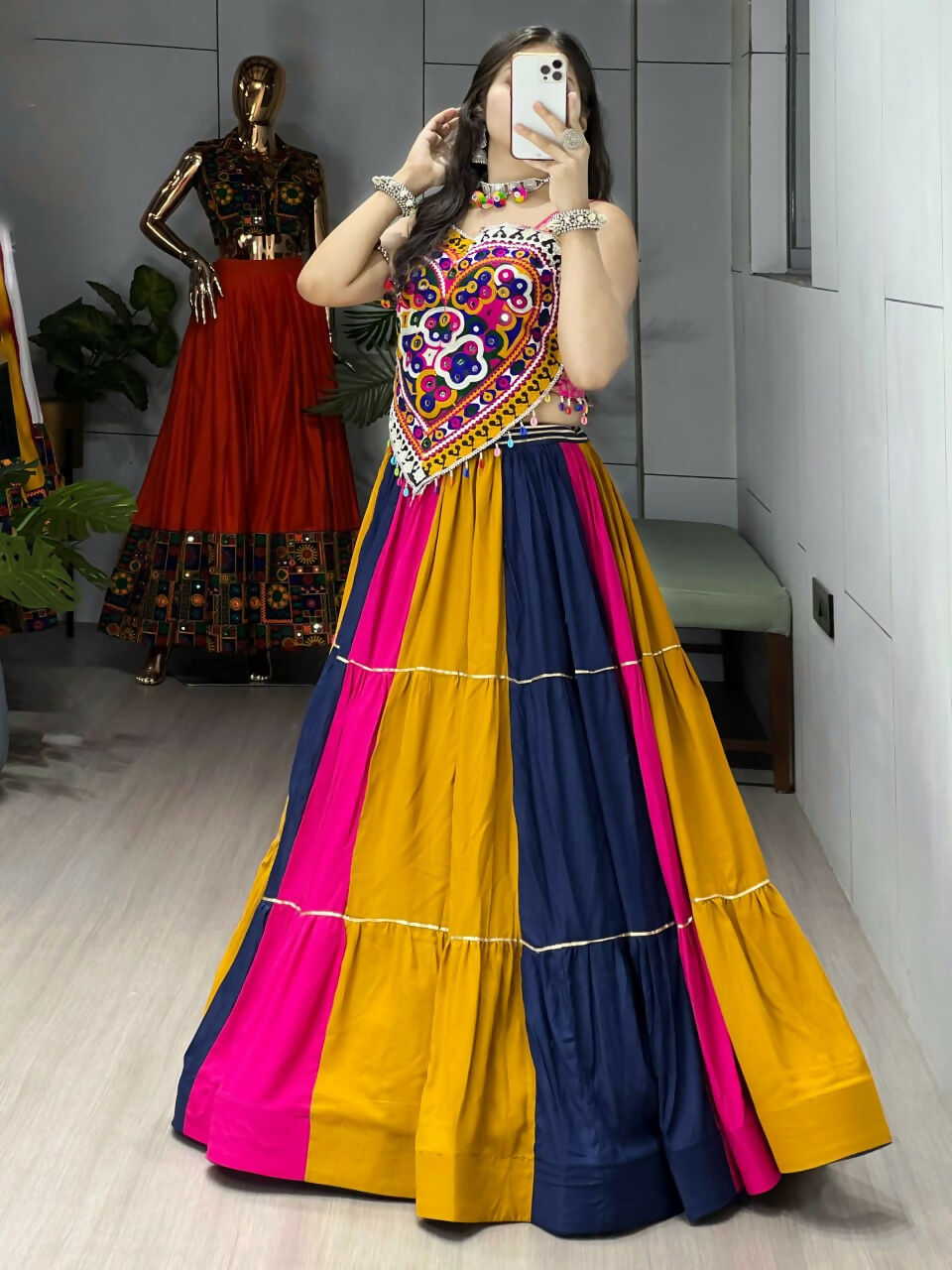 Yash Enterprise Multi Color Rayon Cotton Embroidery Semi Stitched Navratri Top Chaniya Choli