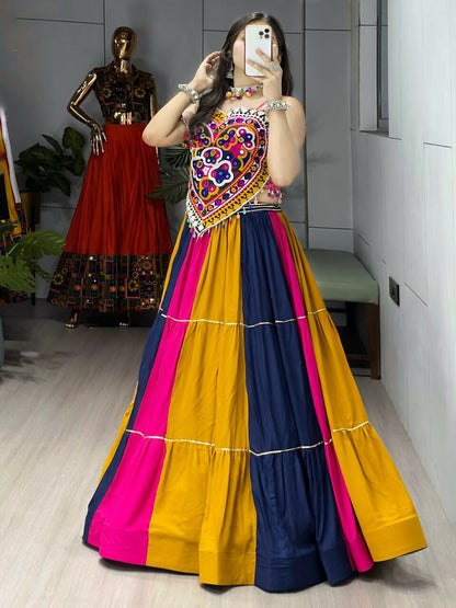 Yash Enterprise Multi Color Rayon Cotton Embroidery Semi Stitched Navratri Top Chaniya Choli