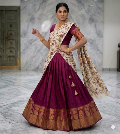 Teeya Creation Womens New Trendy Wine Traditional Pleated Lehenga Choli Set with Floral Printed Dupatta and Contrast Zari Border Set