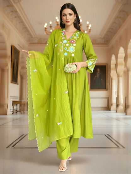 The52 Women's Beautiful Embroidery Work Viscose Silk Fabric Flared Kurta Pant and Dupatta Set-Liril