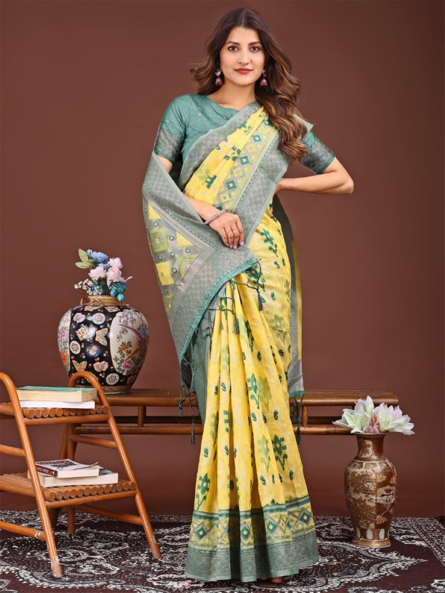 Anaita Yellow Banarasi Silk Saree With Blouse