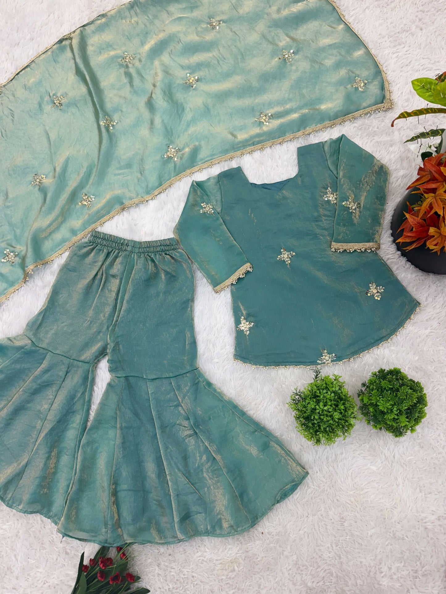Teeya Creation New Stylish Embroidered Kids Kurta Palazzo Set-Blue