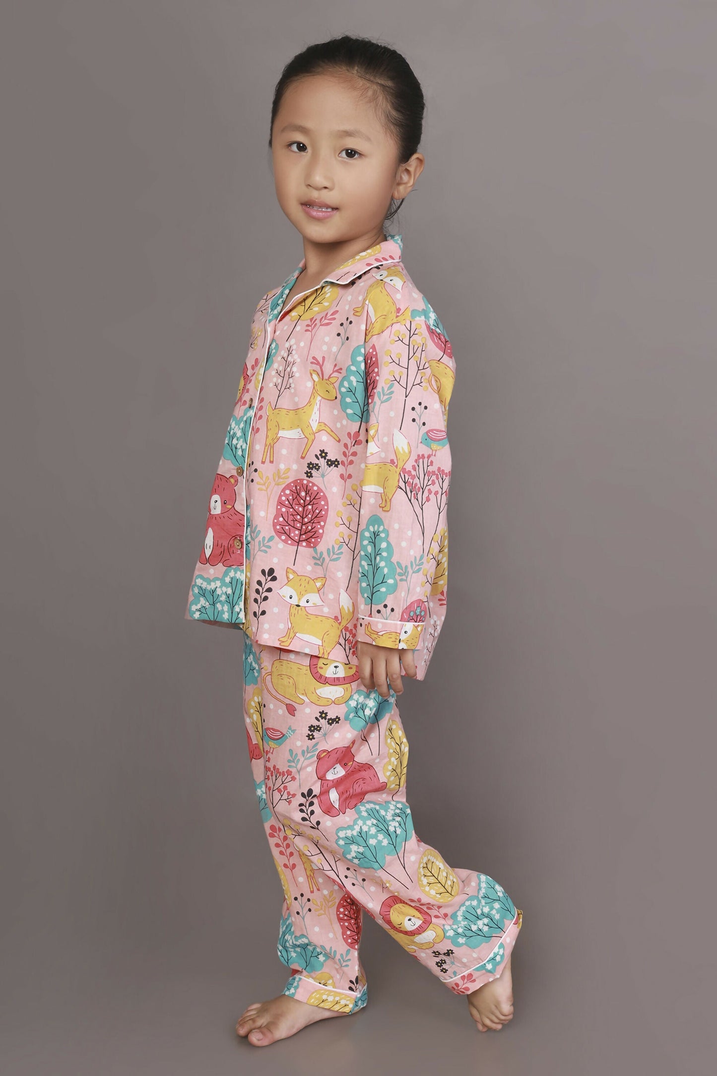 Breathables Kids Cotton Night Suit  Peach Lion & Teddy Shirt & Pyjama Co-Ord Set For Boys & Girls